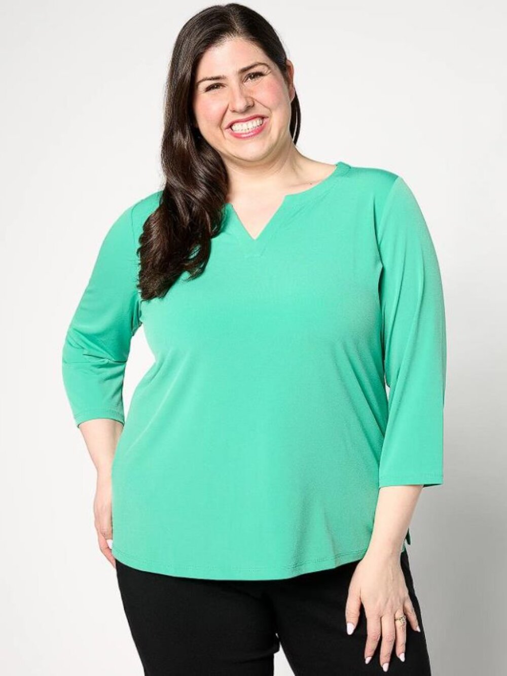 SUSAN GRAVER Women's Modern Essentials Liquid Knit Split-Neck Top Size L In Jade